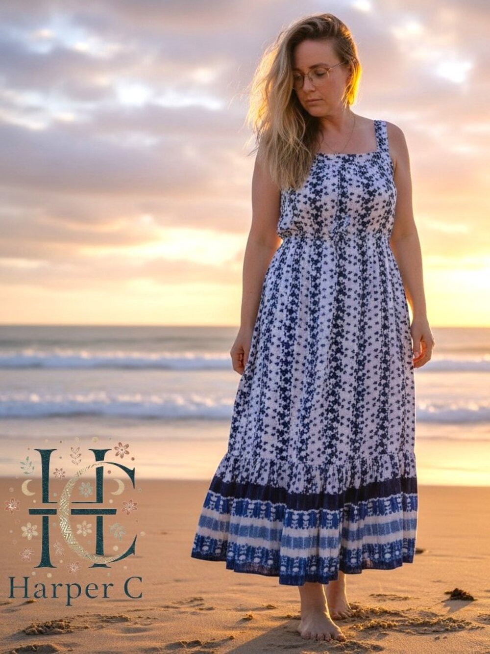 👉 BeachLunchLounge Blue White Midi Dress Boho Beach Adjustable Straps